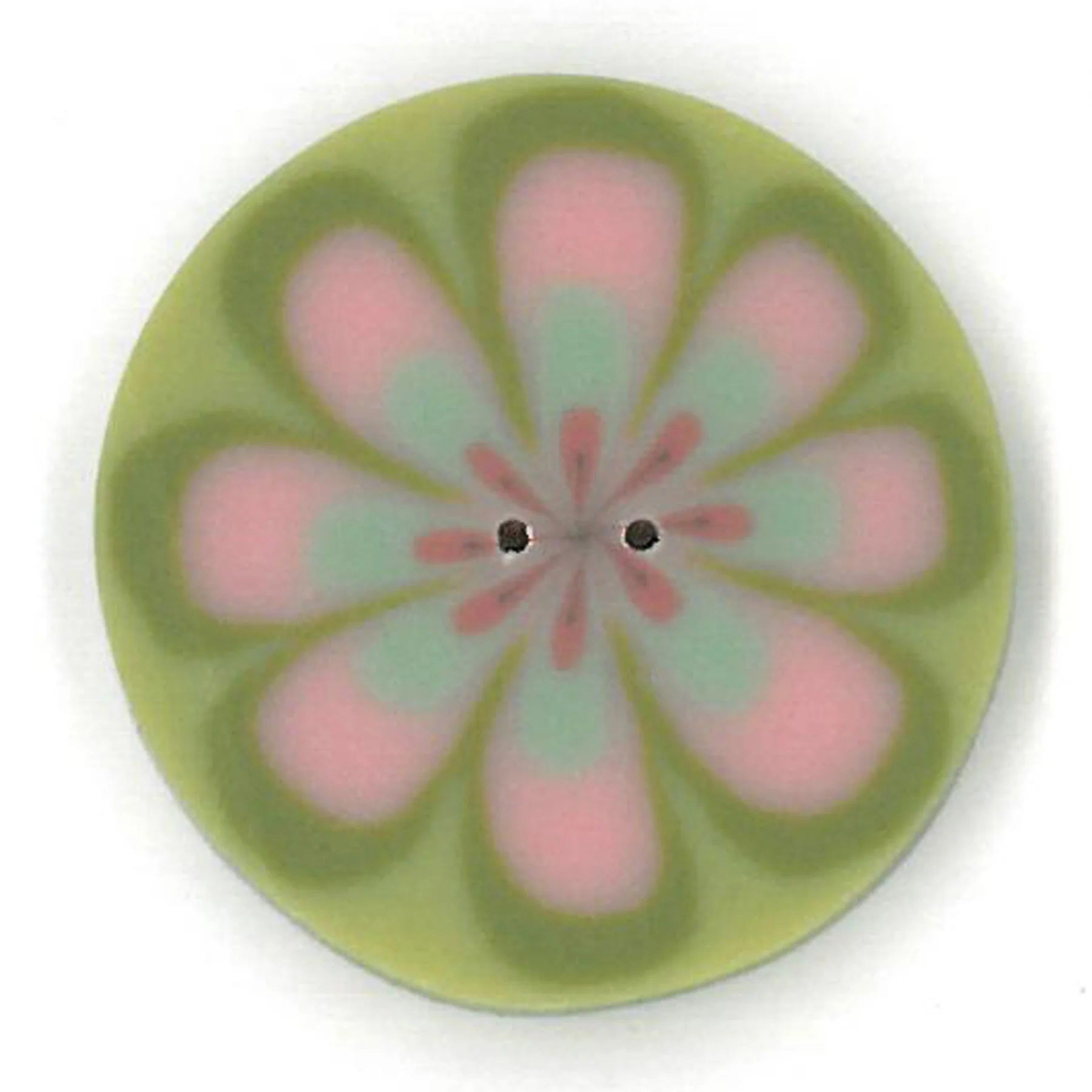 Just ANother Button Company Pink Poppy on Green, LC1032 2-hole flat clay cross stitch button