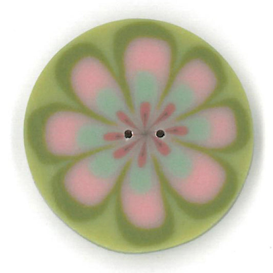 Just ANother Button Company Pink Poppy on Green, LC1032 2-hole flat clay cross stitch button