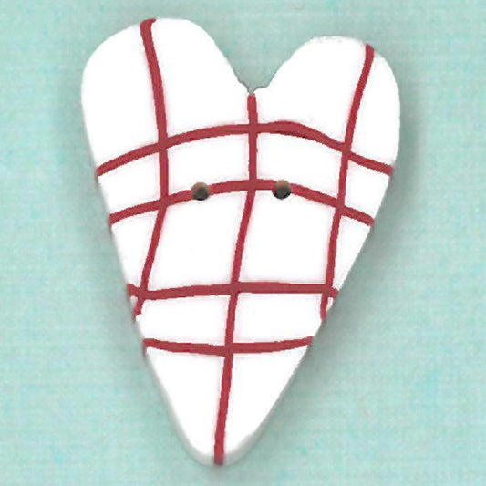 Just Another Button Company Red & White Plaid Heart, RW1002 flat 2-hole clay cross stitch button
