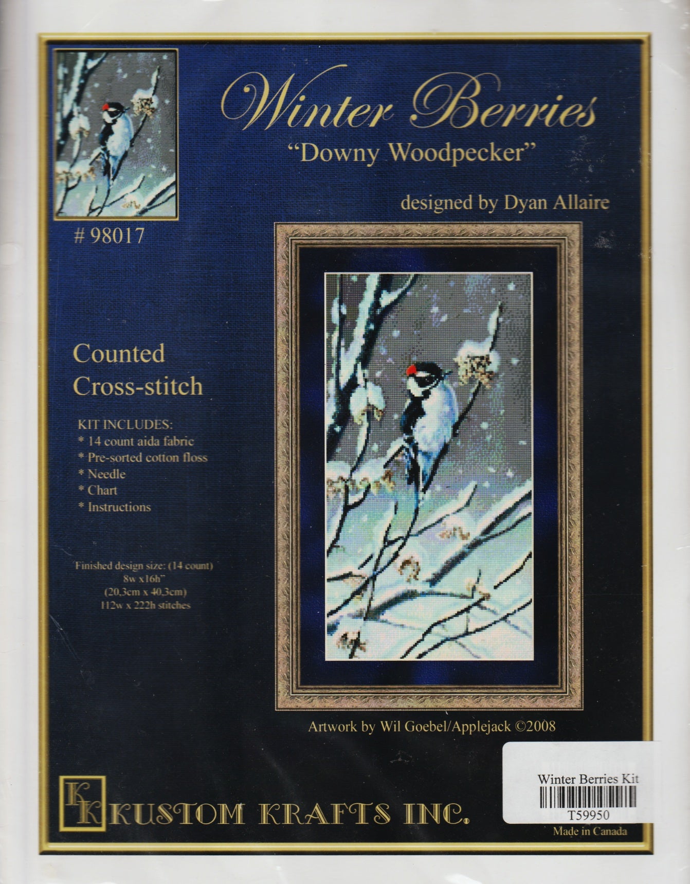 Kustom Krafts Winter Berries Downy Woodpecker 98017 cross stitch kit