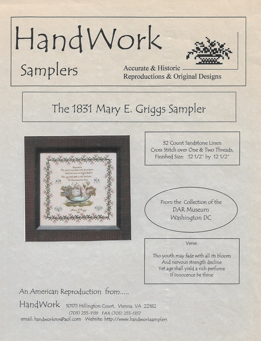 The 1831 Mary E. Griggs Sampler cross stitch pattern