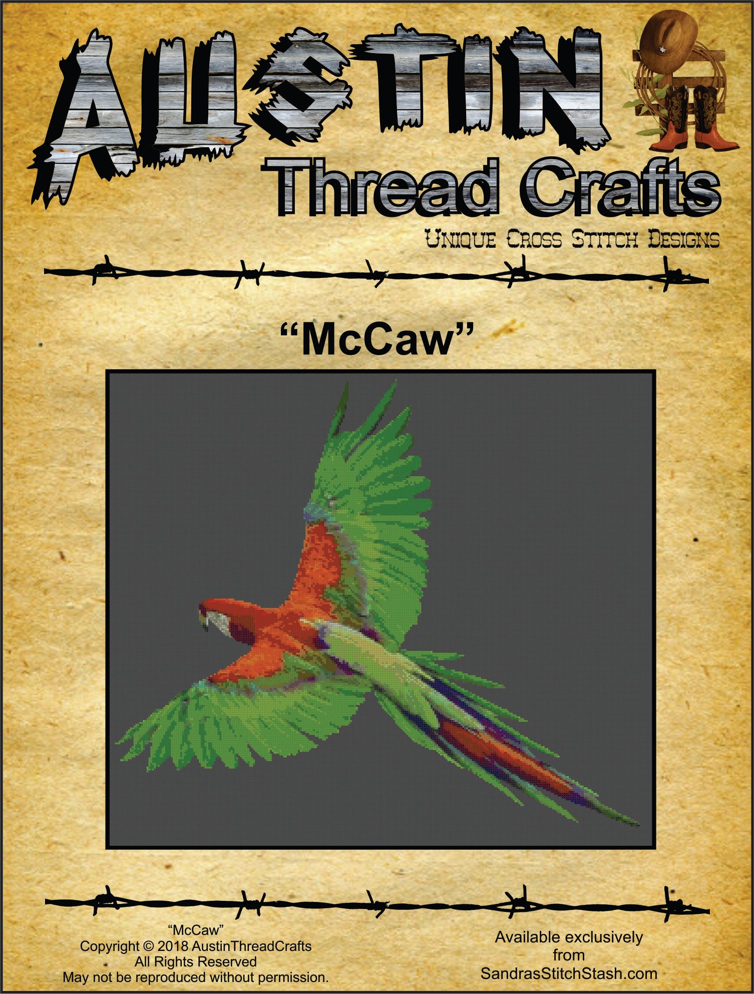 Austin Thread Crafts McCaw Parrot bird cross stitch pattern