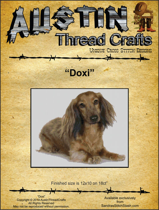 Austin Thread Crafts Doxi long-haired brown dachshund cross stitch pattern