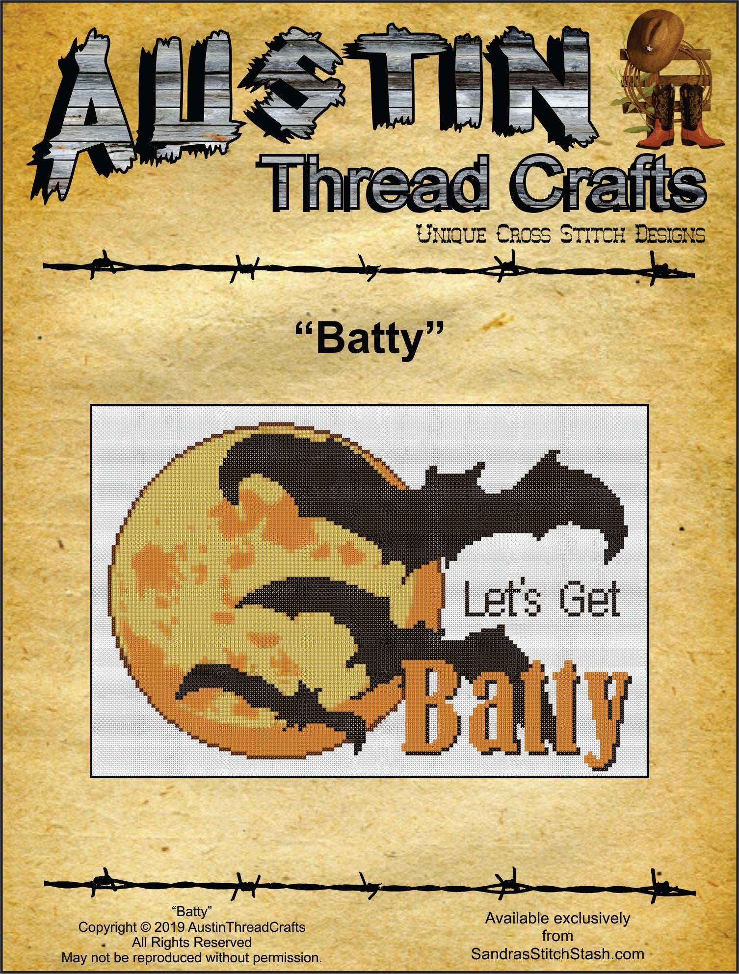 Austin Thread Crafts Let's Get Batty Halloween cross stitch pattern