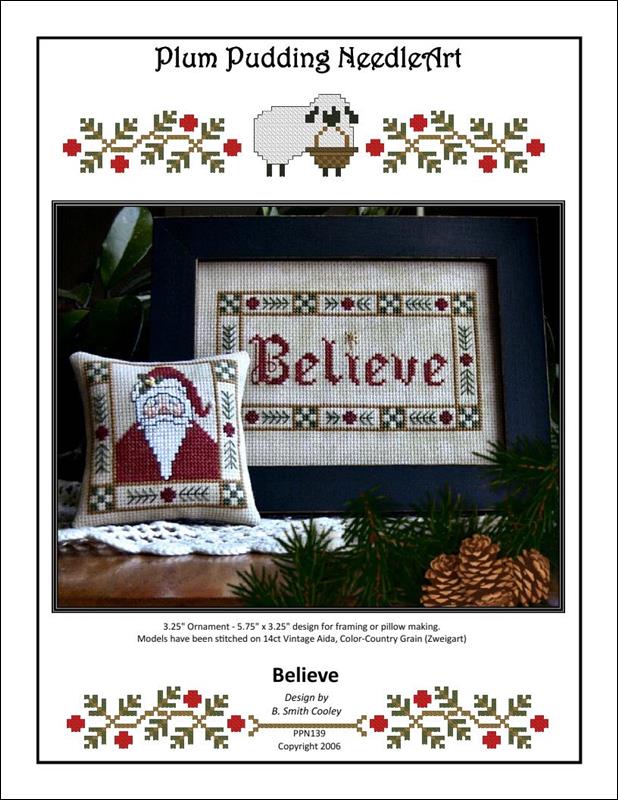 Plum Pudding Believe christmas ornament cross stitch pattern