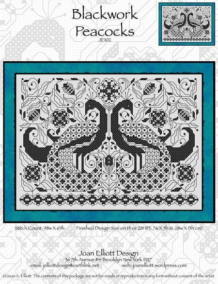 Joan Elliot Blackwork Peacocks JE102 cross stitch pattern