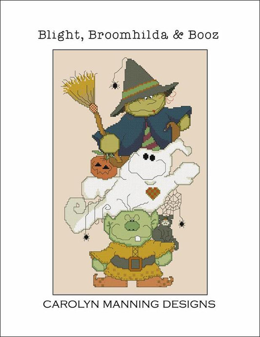 Carolyn Manning Blight, Broomhilda & Booz halloween cross stitch pattern