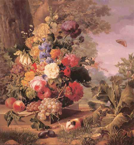 Scarlet Quince Bowl of Flowers in  Landscape NIG003 cross stitch pattern