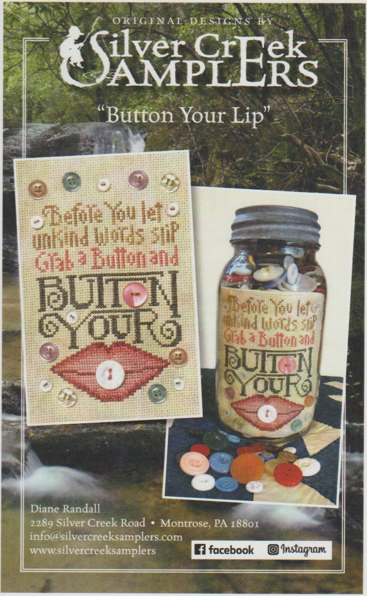 Silver Creek Samplers Button Your Lip humor ross stitch pattern