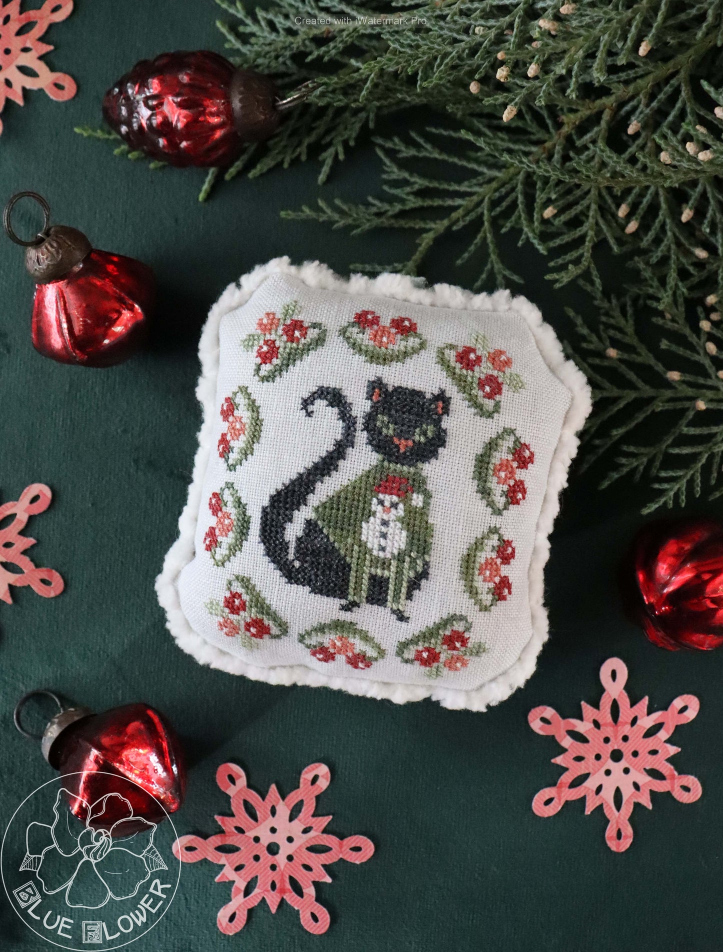 Blue Flower Cozy Christmas Cat cross stitch christmas ornament pattern