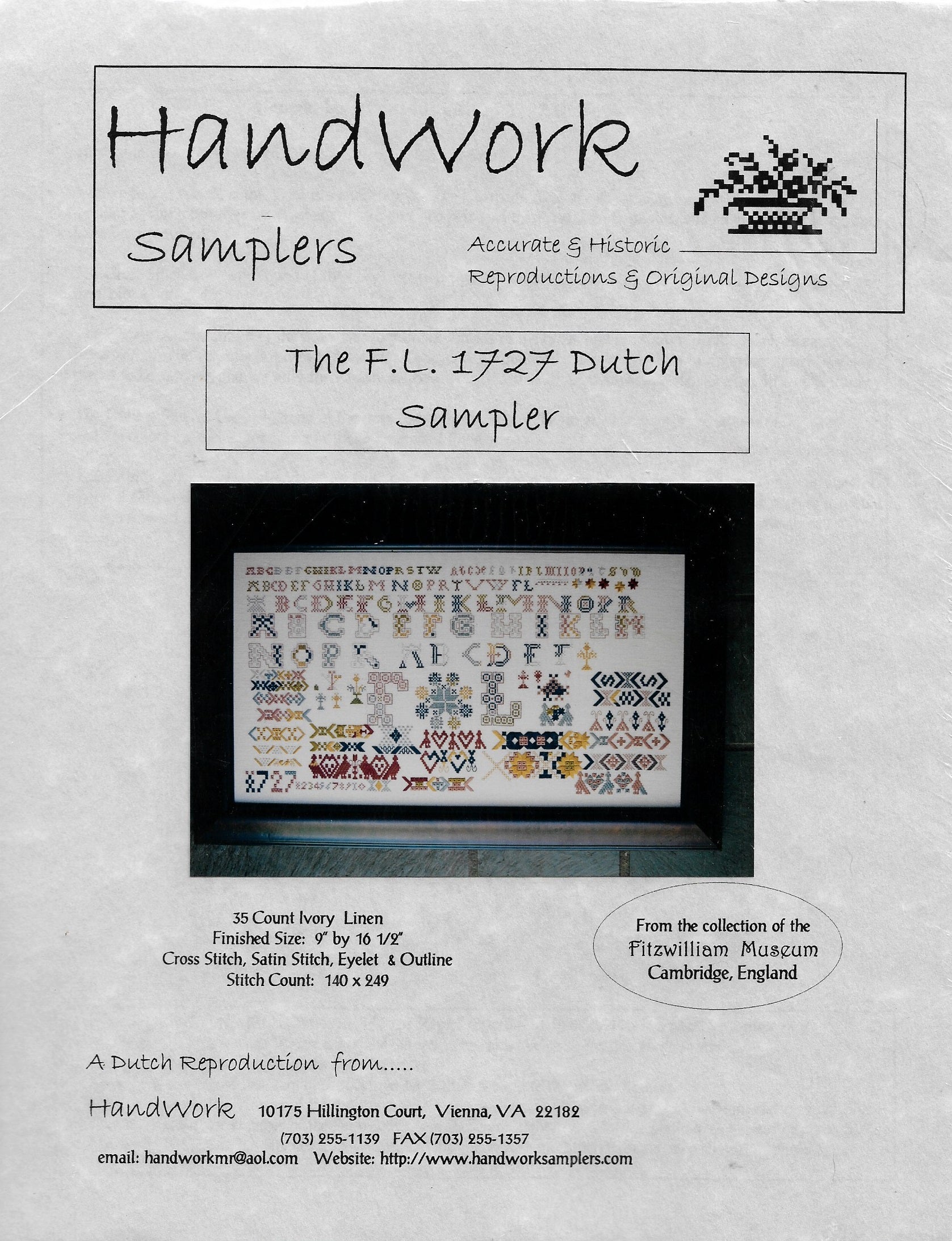 Handwork Samplers F.L. 1727 Dutch Sampler cross stitch pattern