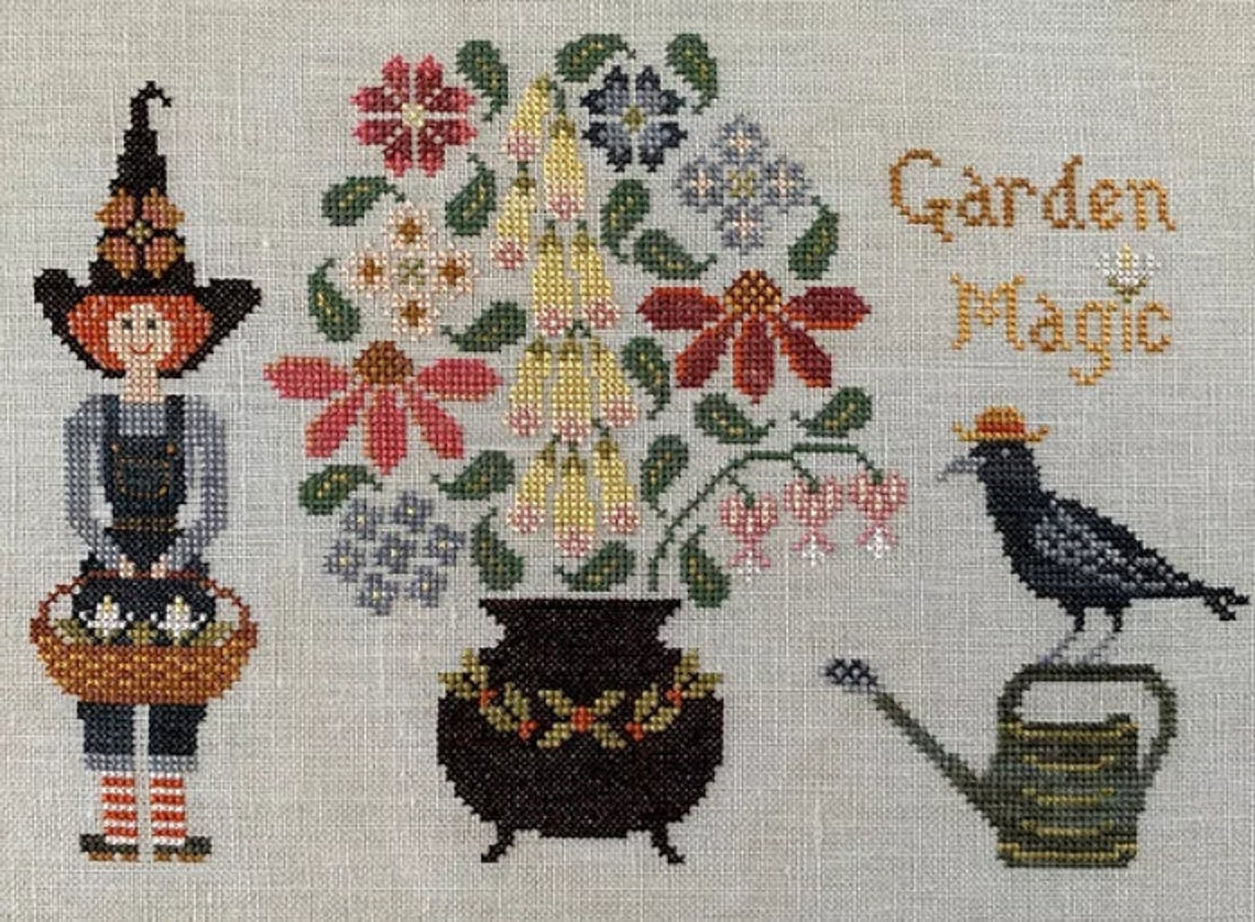 The Blue Flower Garden Magic halloween witch cross stitch pattern