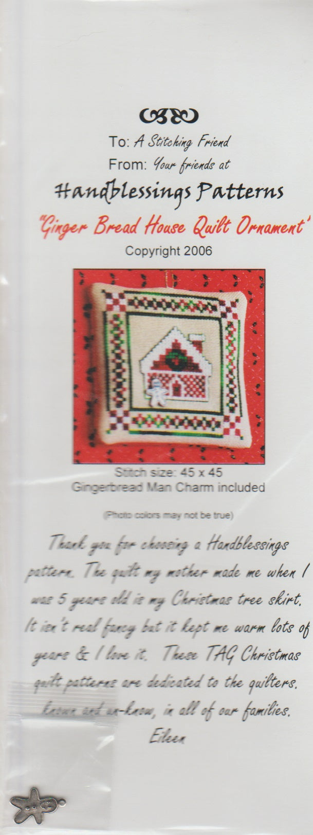 Handblessings Gingerbread House Quilt Ornament cross stitch pattern