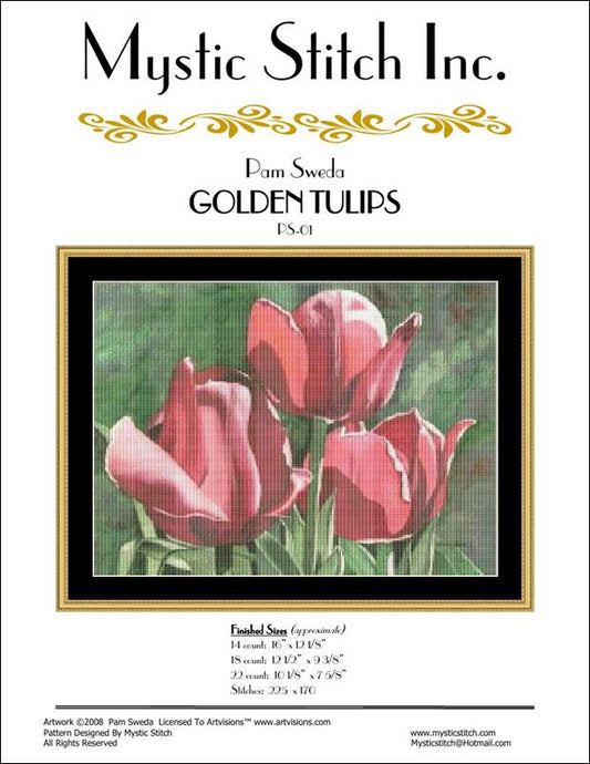 Mystic Stitch Golden Tulips flower cross stitch pattern