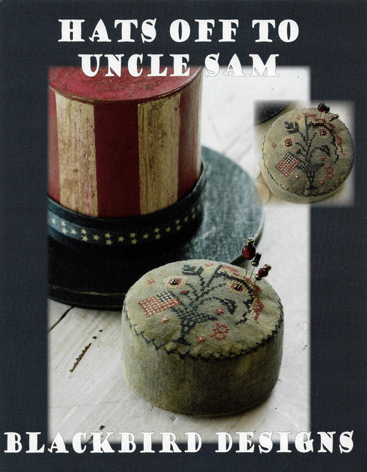 Blackbird Designs Hats off to Uncle Sam patriotic cross stitch pincushion design