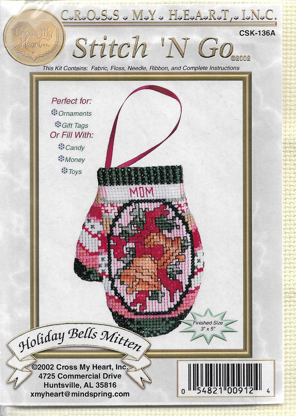 Cross My Heart Holiday Bells Mitten CSK-136A cross stitch kit