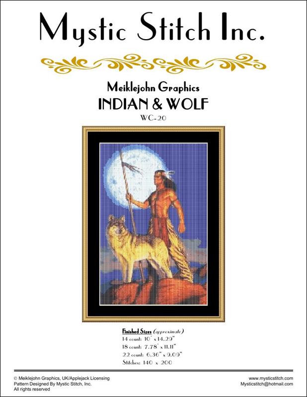Mystic Stitch Indian & Wolf WC-20 native american cross stitch pattern