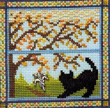 HandBlessings Kitty in the Fall Window cat cross stitch pattern