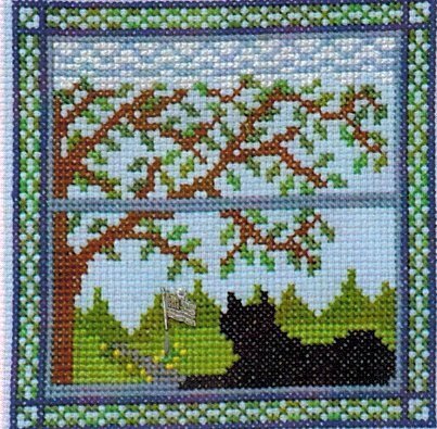 Handblessings Kitty in the Summer Window cat cross stitch pattern