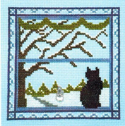 HandBlessings Kitty in the Winter Window cat cross stitch pattern