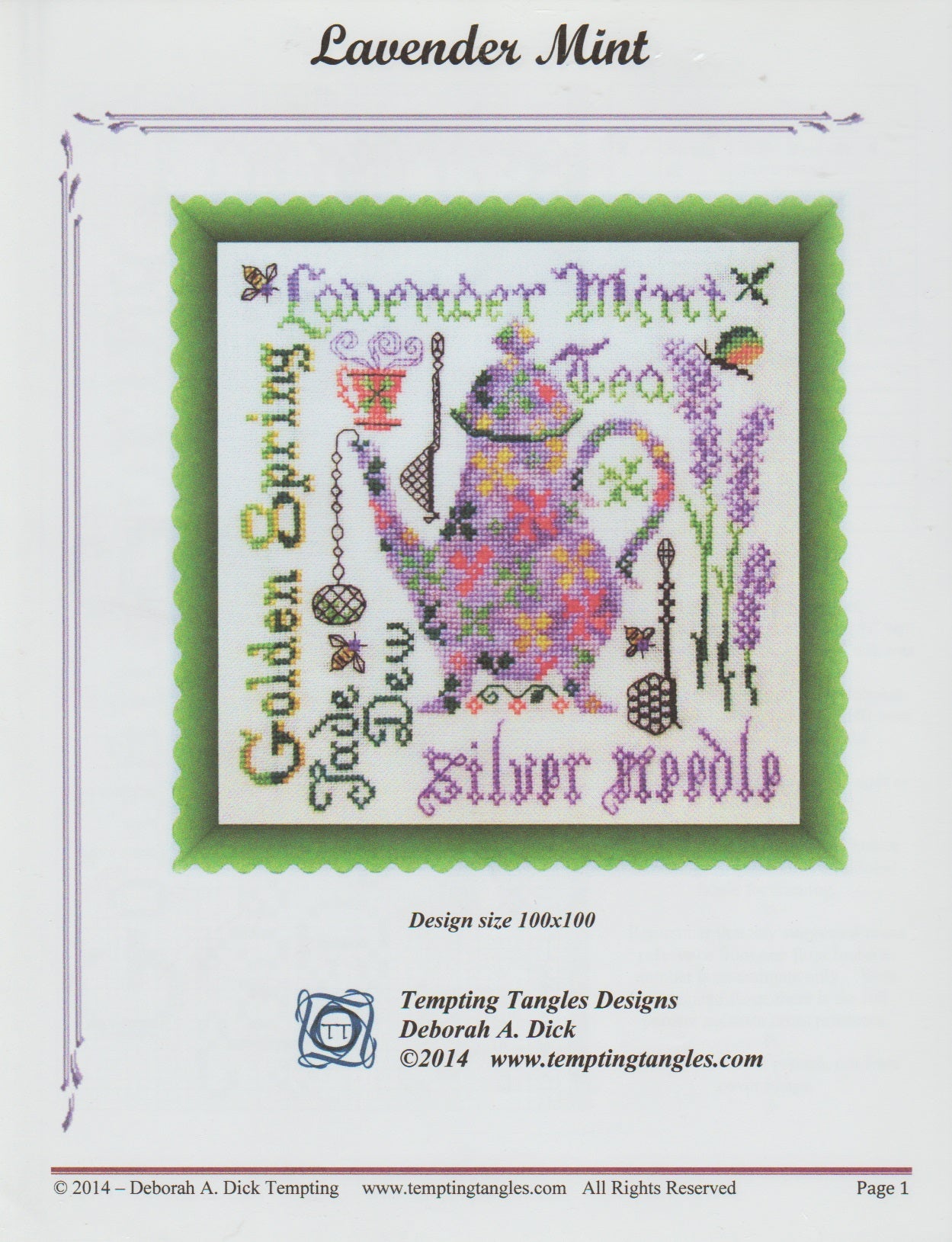 Tempting Tangles Lavender Mint tea cross stitch pattern