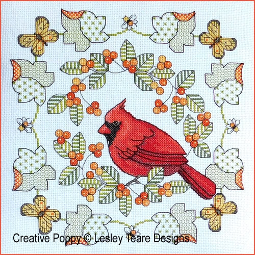 Creative Poppy Northern Cardinal in Autumn bird cross stitch pattern