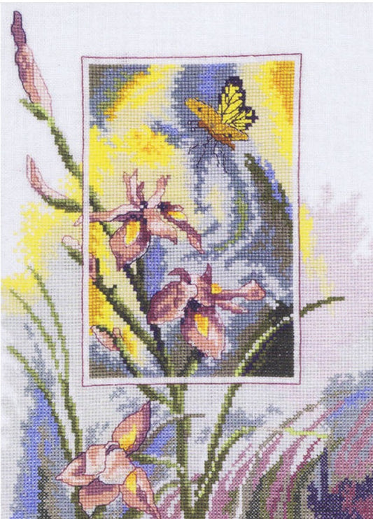 Permin of Copenhagen Pink Irises with Butterfly 12-3196 cross stitch kit