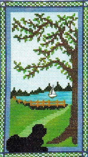 HandBlessings Puppy at the Door on a Summer Day dog cross stitch pattern
