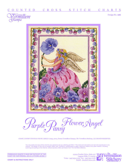 Vermillion Stitchery Purple Pansy Flower Angel 126 flower cross stitch pattern