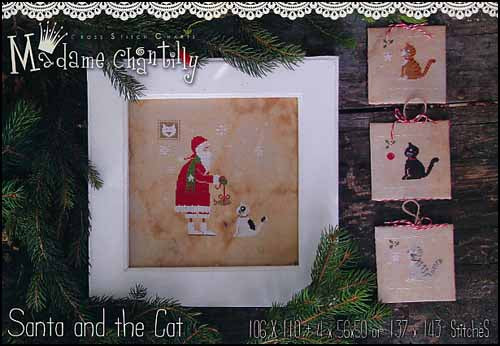 Madame Chantilly Santa and the Cat christmas cross stitch pattern