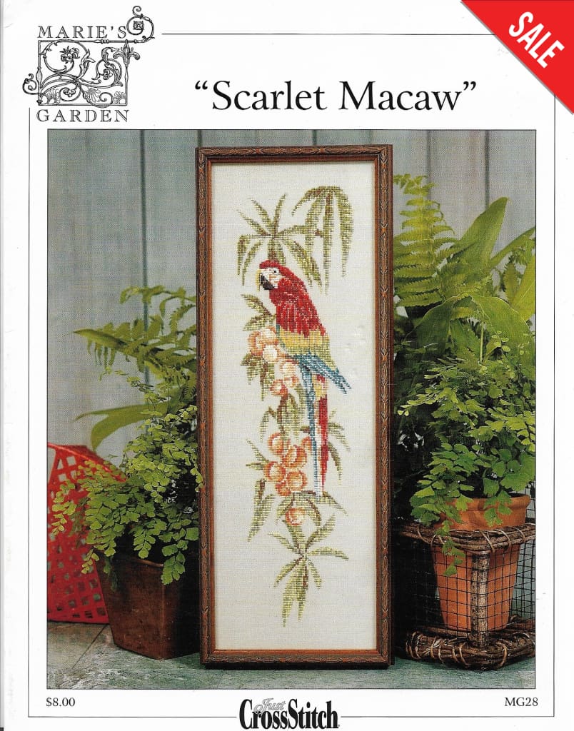 Just Cross Stitch Marie's Garden Scarlet Macaw parrot cross stitch pattern