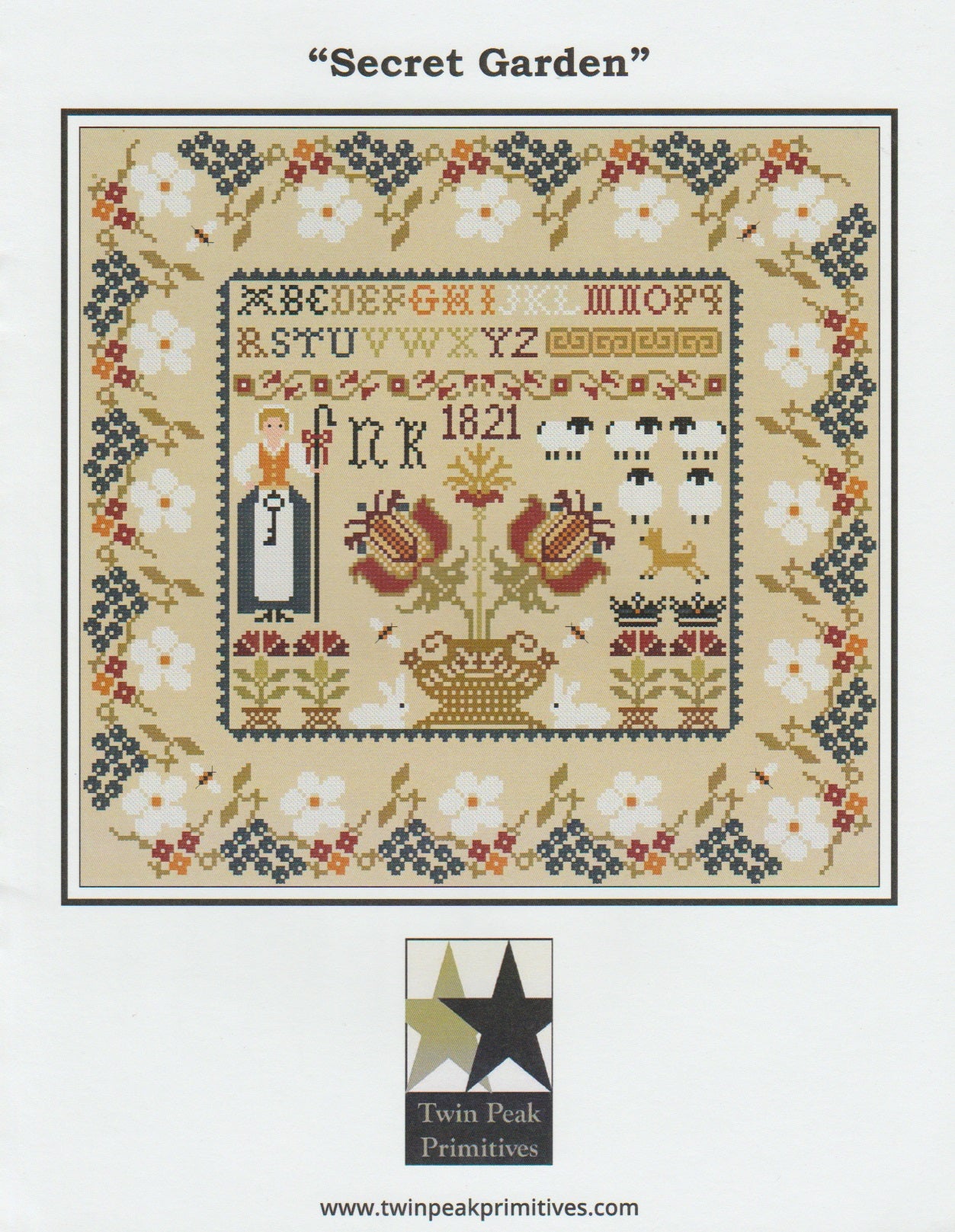 Twin Peak Primitives Secret Garden cross stitch sampler pattern