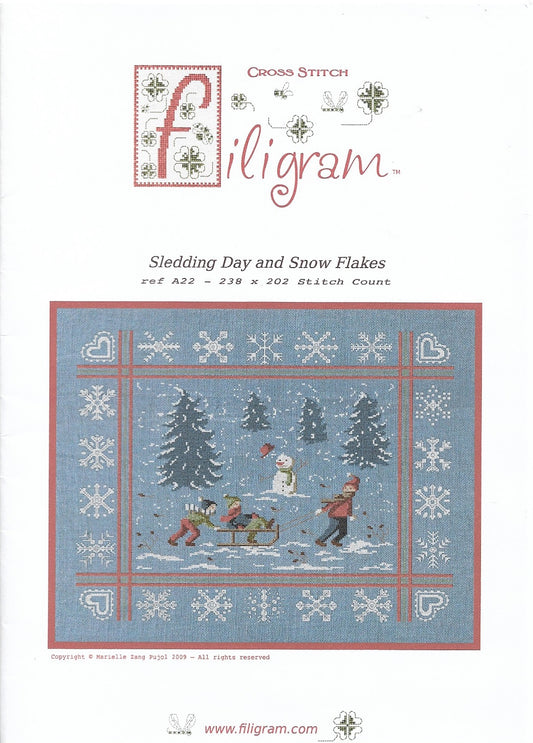 Filigram Sledding Day and Snow Flakes christmas cross stitch pattern