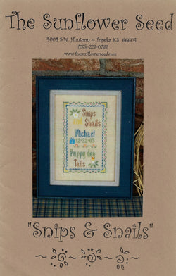 The Sunflower Seed Snips & Snails baby sampler cross stitch pattern