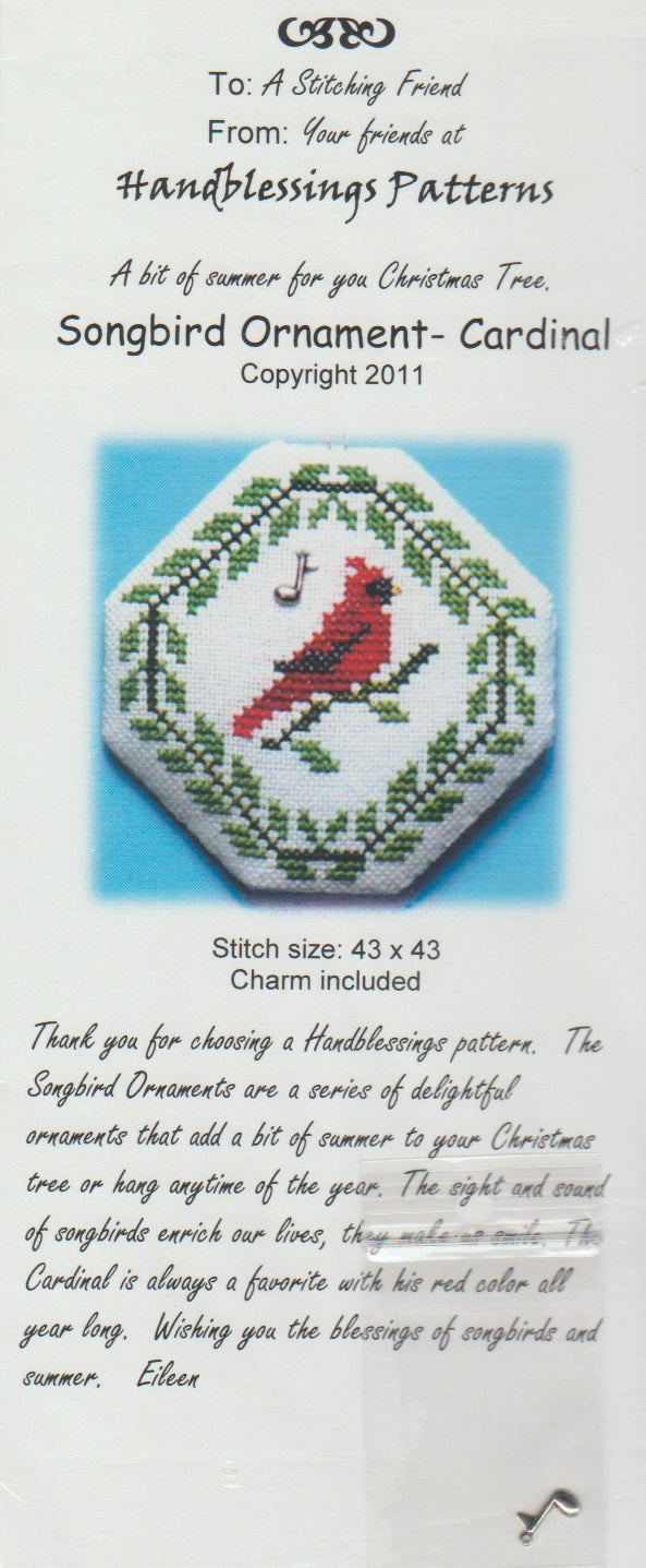 Handblessings Songbird Ornament - Cardinal Christmas ornament cross stitch pattern