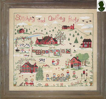 Sara Guermani Stitching And Quilting Party (w/button) amish cross stitch pattern