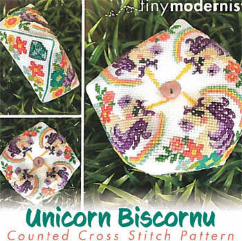 Tiny Modernist Unicorn Biscornu cross stitch pattern