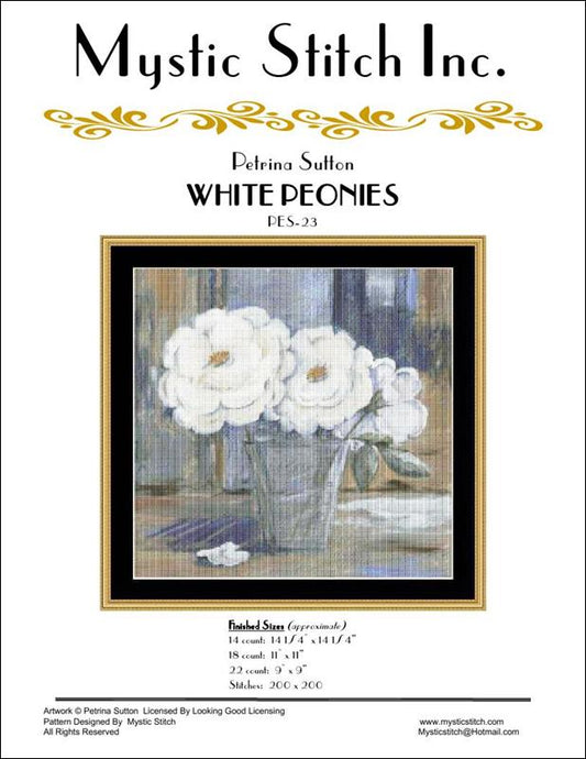 Mystic Stitch White Peonies PES-23 flower cross stitch pattern