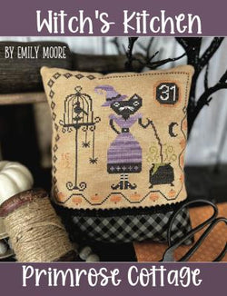 Primrose Cottage Witch's Kitchen halloween pillow cross stitch pattern