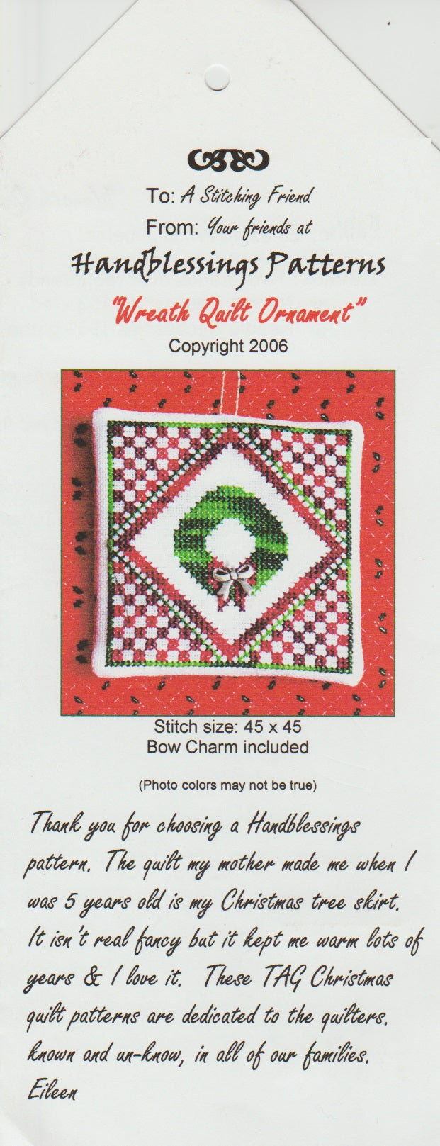 Handblessings Wreath Quilt Ornament christmas cross stitch pattern