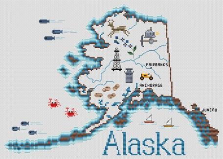 Sue Hillis Alaska map cross stitch pattern