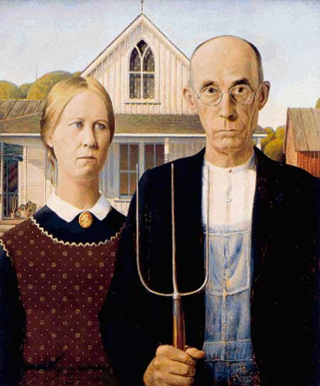 Scarlet Quince American Gothic Grant Wood cross stitch pattern