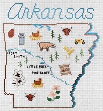 Sue Hillis Arkansas state map cross stitch pattern