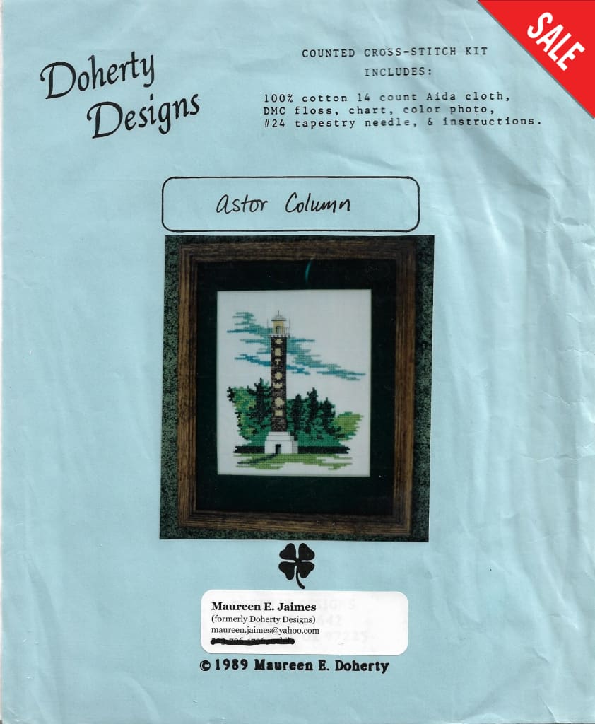Doherty Designs Astor Column Lighthouse cross stitch kit