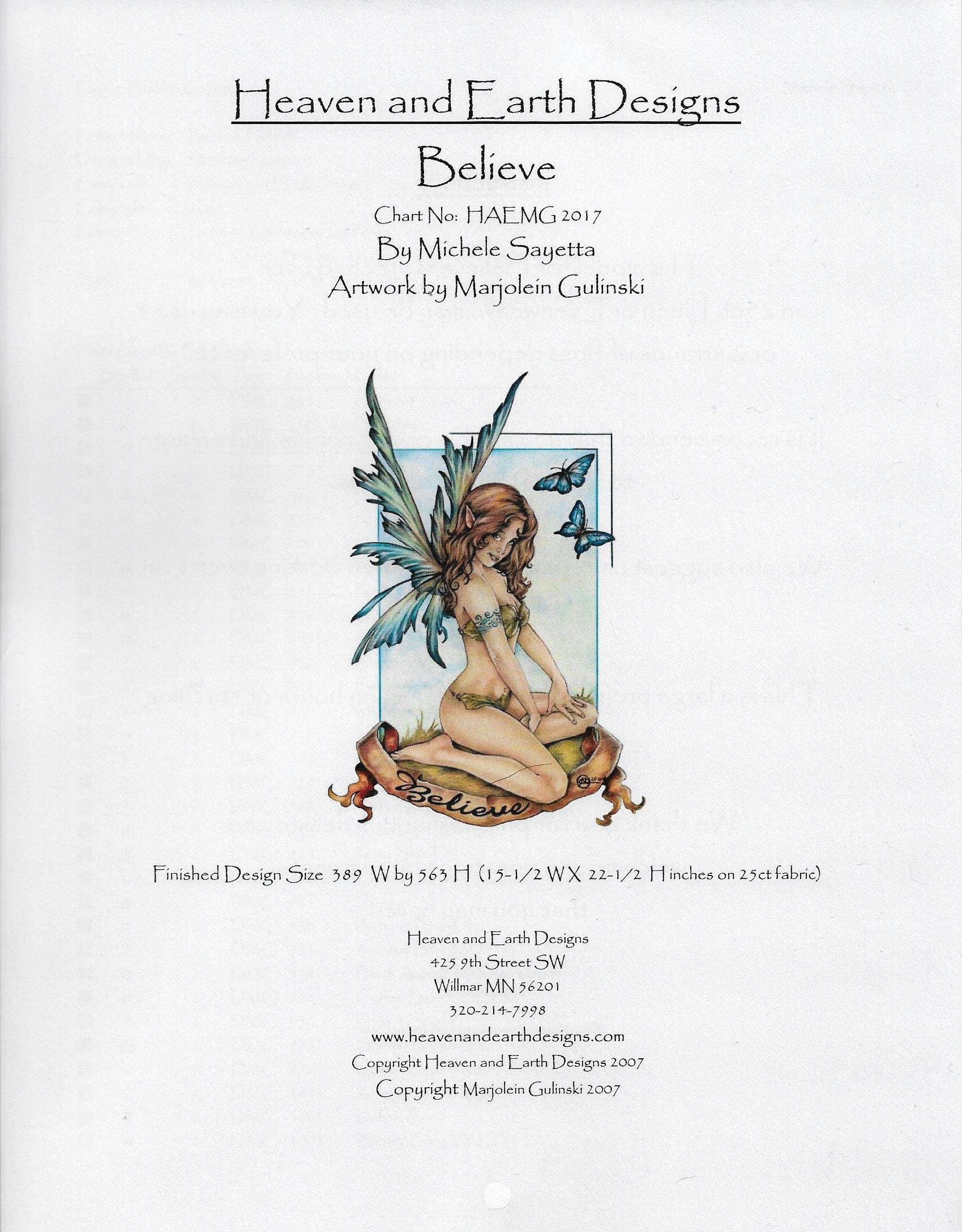 Heaven and Earth Designs Believe fairy cross stitch pattern