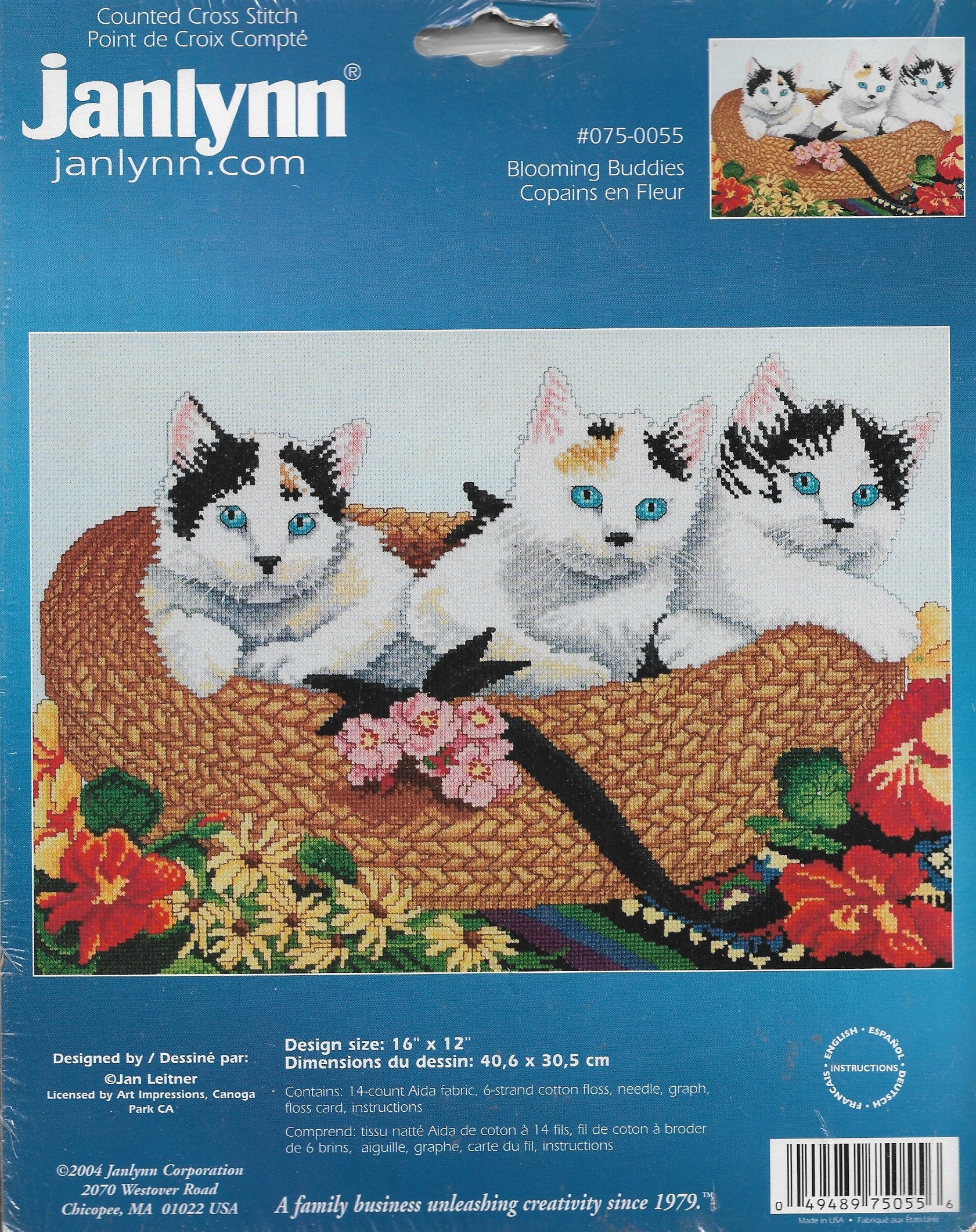 JanLynn Blooming Buddies 075-0055 cat cross stitch kit