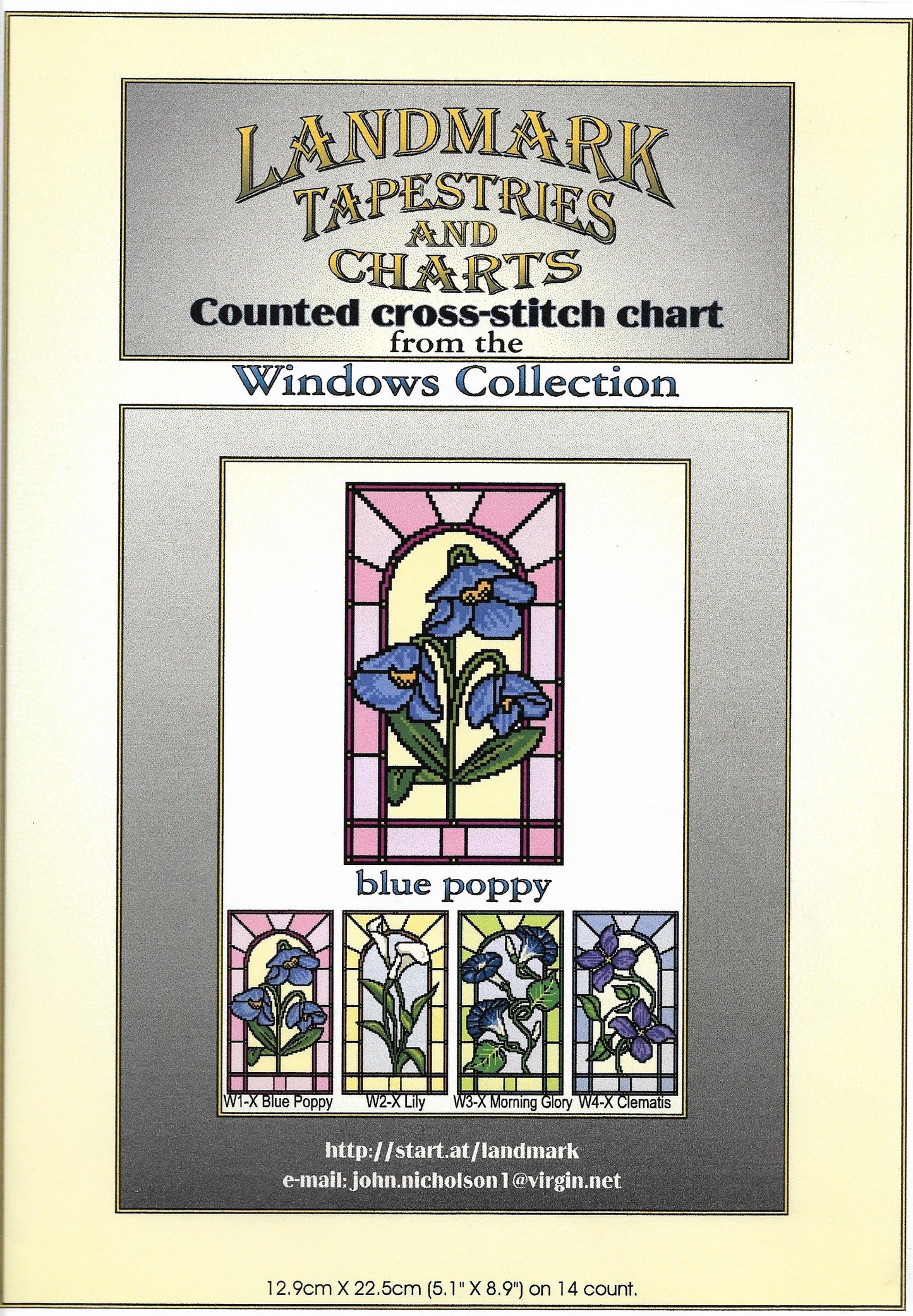 Landmark Blue Poppy stained glass window cross stitch pattern