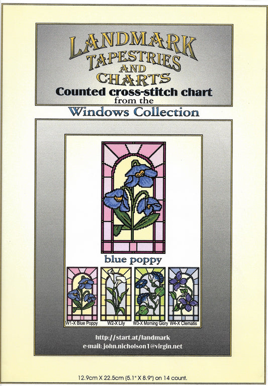 Landmark Blue Poppy stained glass window cross stitch pattern