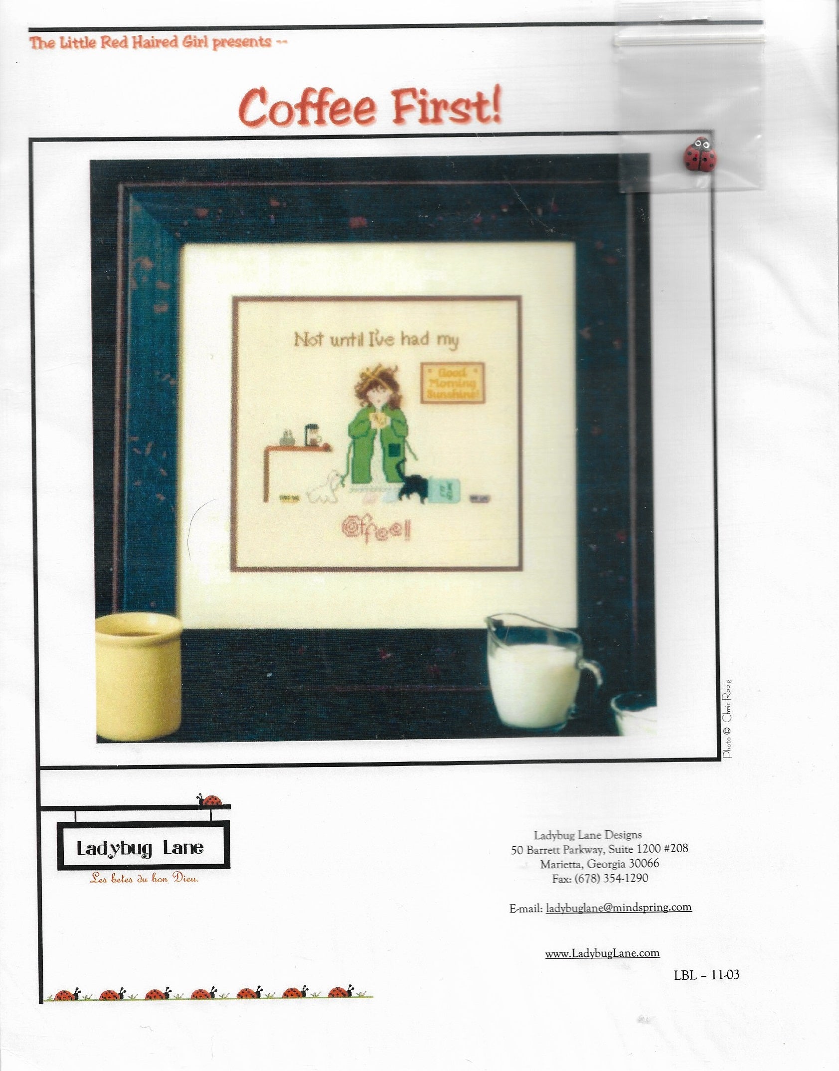 Ladybug Lane Coffee First! cross stitch pattern