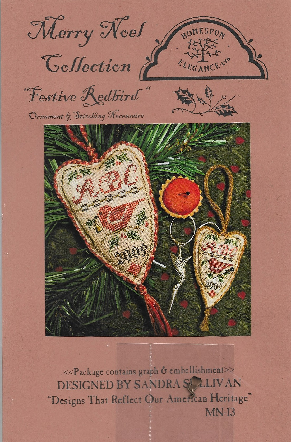 Homespun Elegance Festive Redbird christmas MN-13 cross stitch ornament fob pattern